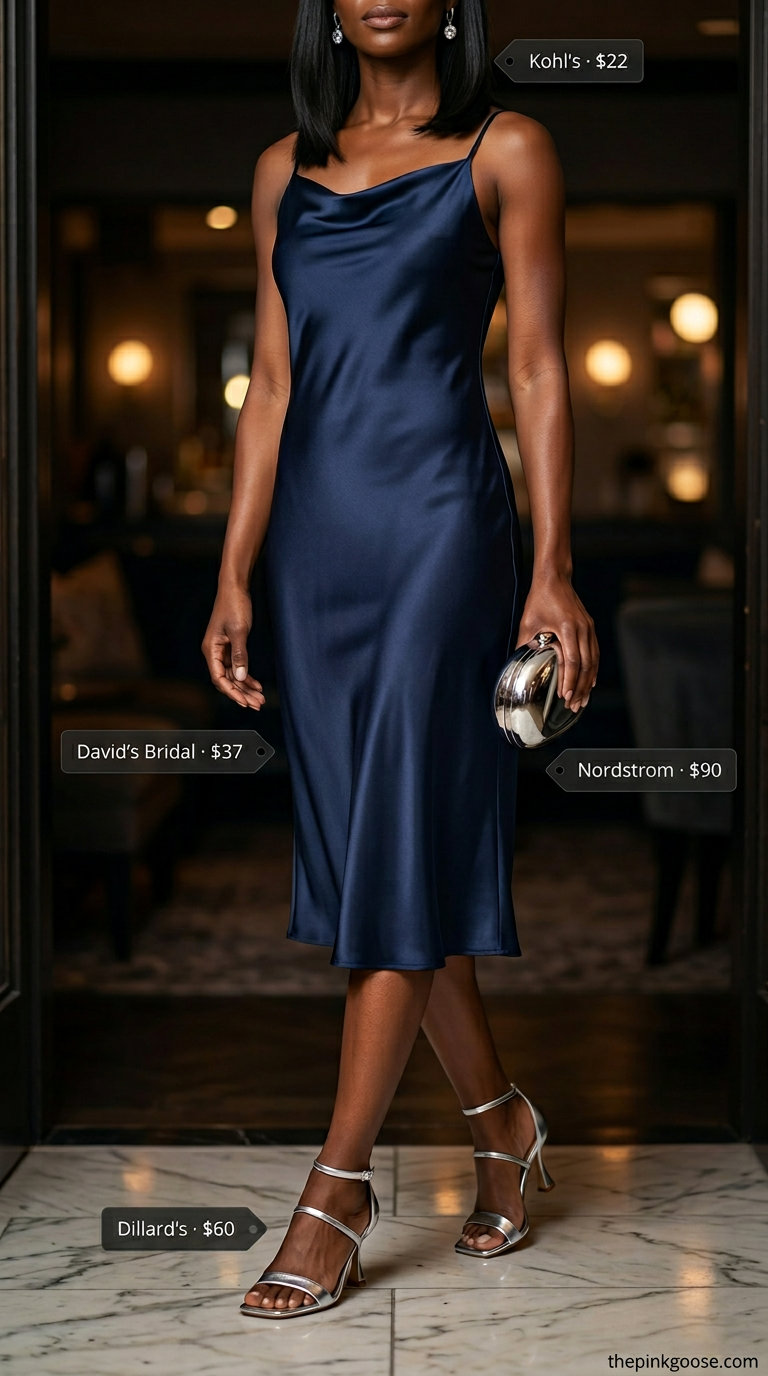 Elegant navy blue satin midi dress for wedding guest or cocktail party. 2026.