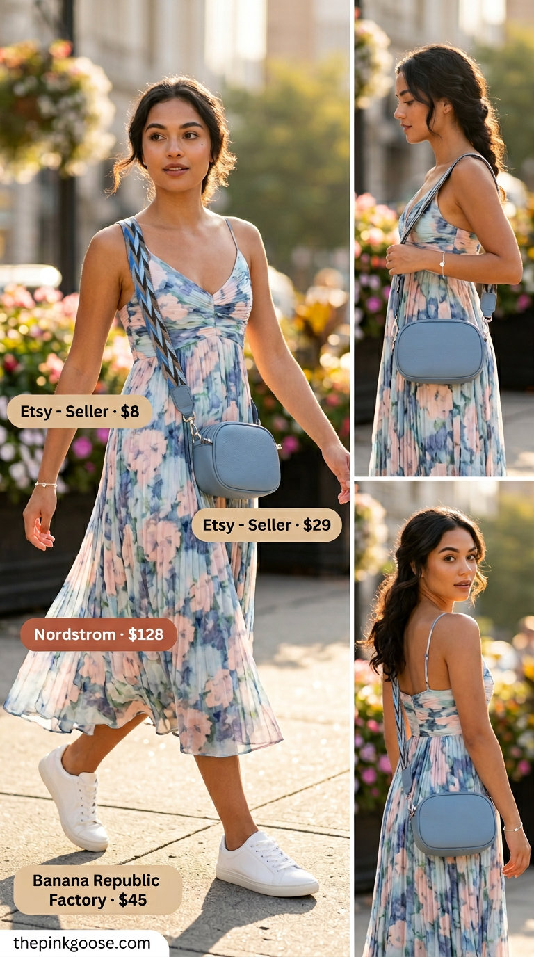 Floral print midi dress with white sneakers and light blue crossbody for a playful weekend brunch in 2026.