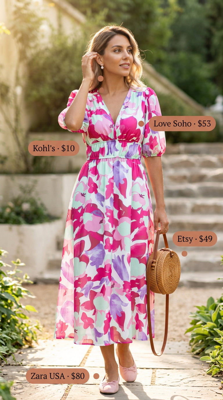 Romantic pastel floral midi dress for garden party or bridal shower. 2026.