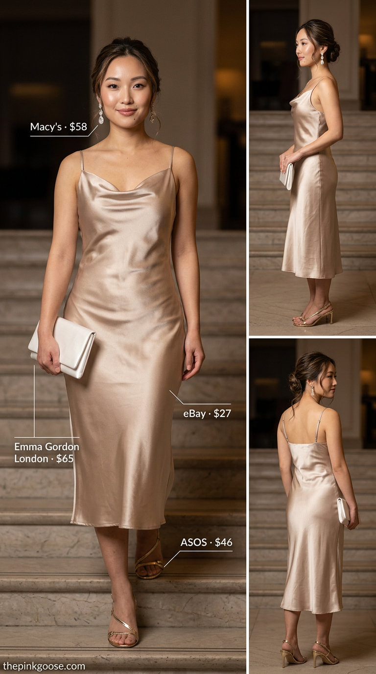 Glamorous champagne midi slip dress with gold sandals & crystal earrings for summer midi dresses 2026.