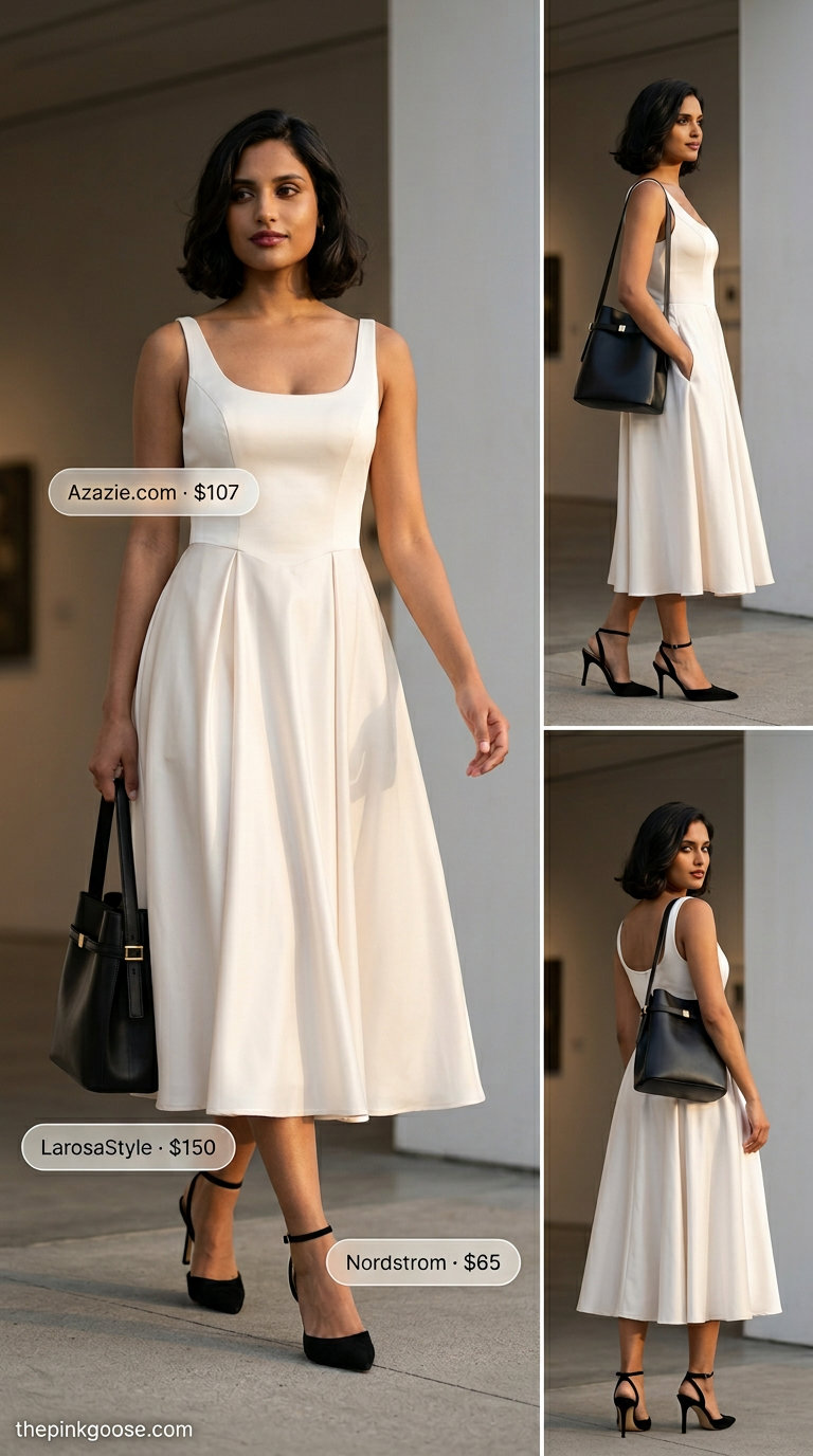 Modern minimalist ivory midi dress for art gallery opening or business casual event. 2026.