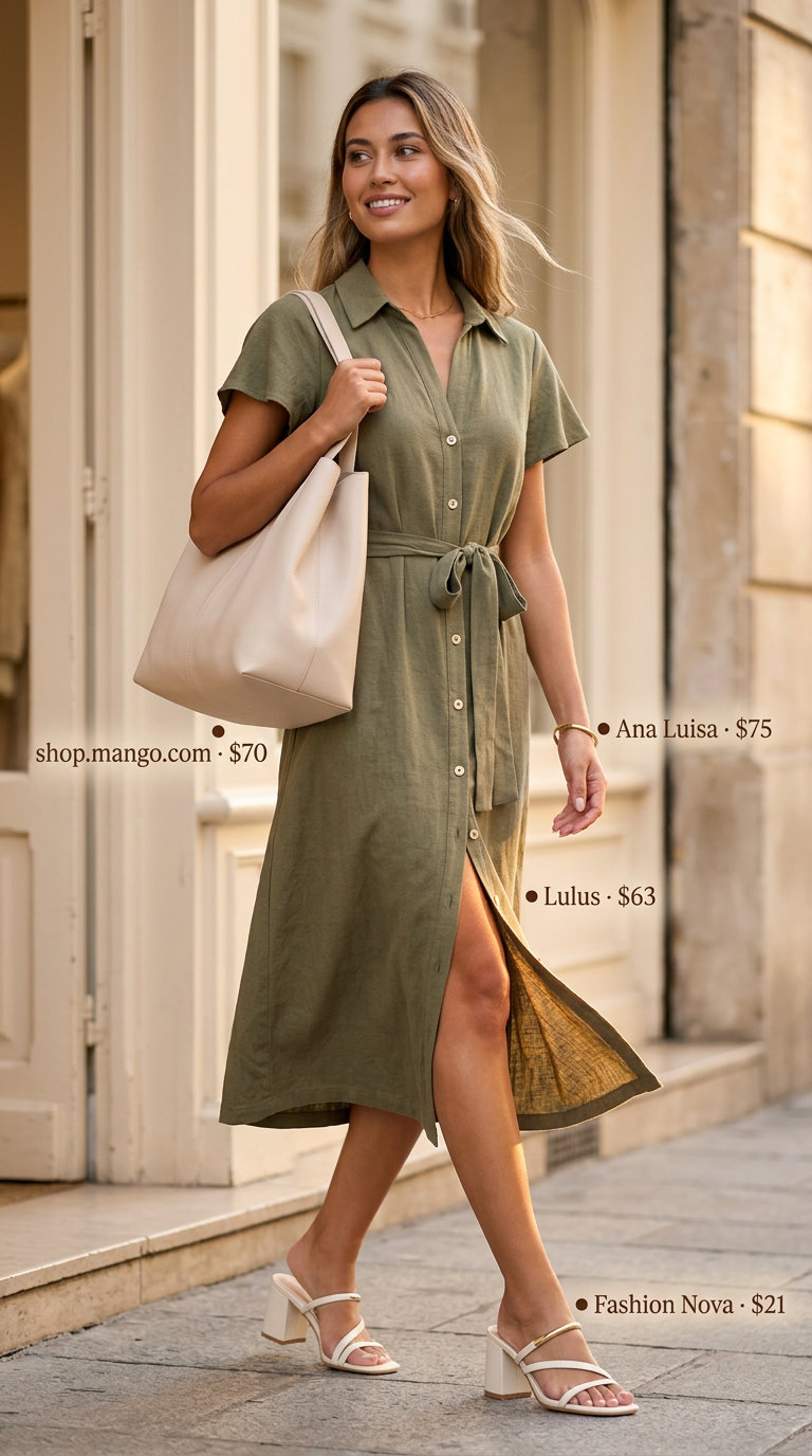 Monochrome olive green linen midi dress for casual day out or travel. 2026.