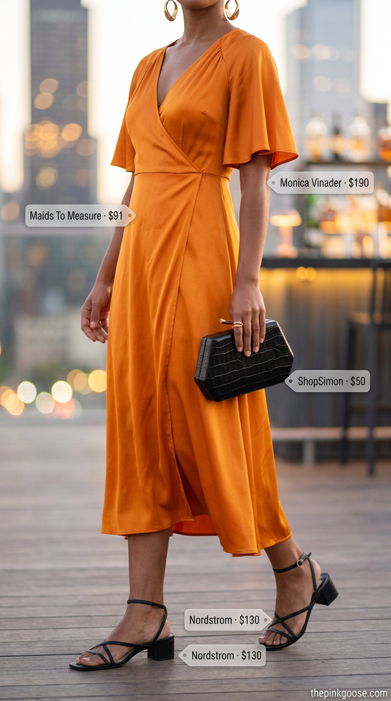 Mango orange satin midi wrap dress with black heels and gold earrings for a sophisticated rooftop bar look in 2026.
