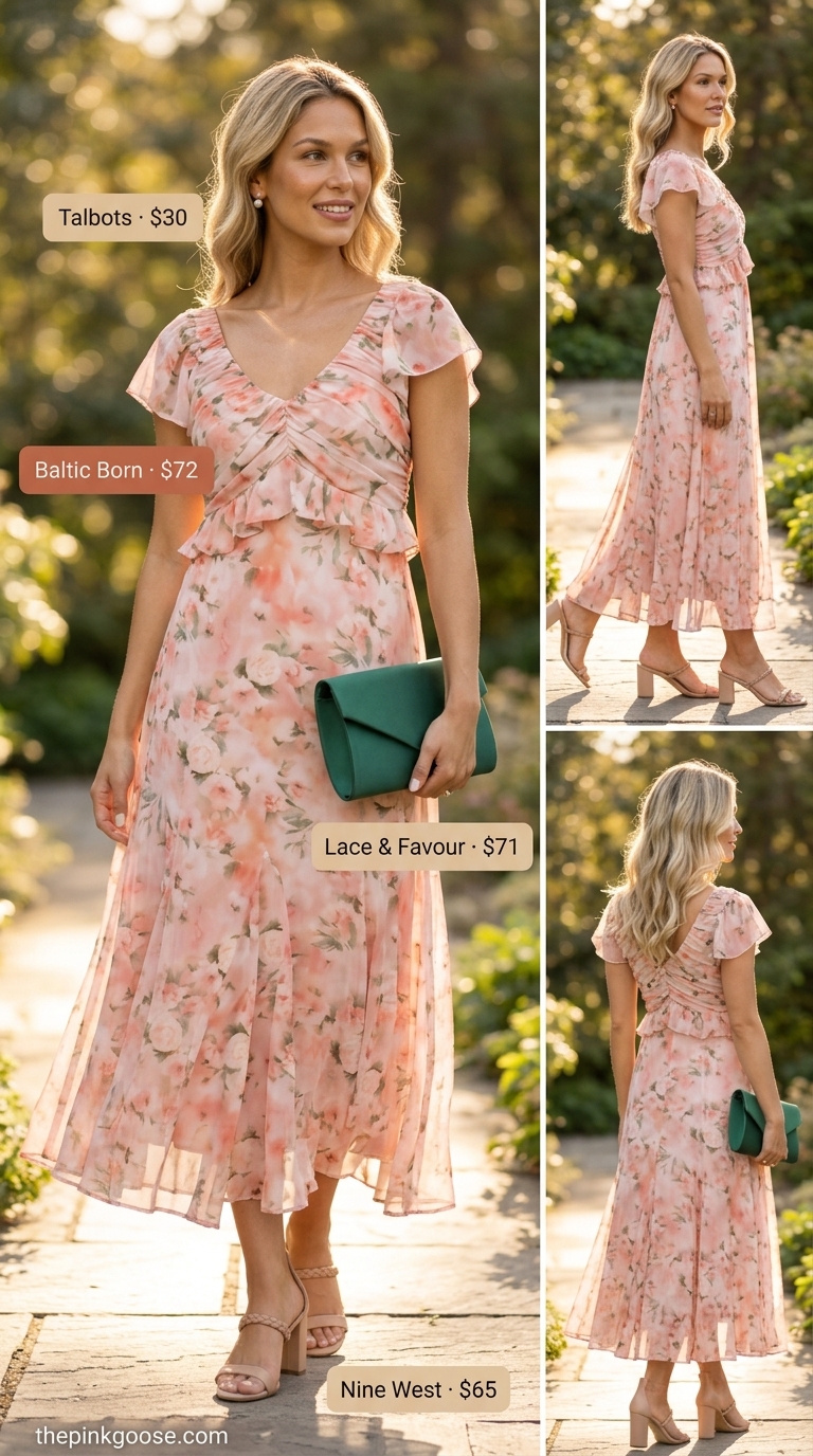 Pink floral chiffon midi dress with nude sandals and pearl earrings for a romantic garden party in 2026.