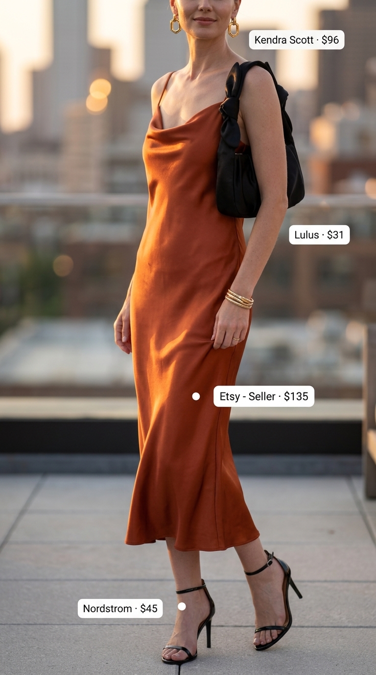 Vibrant mango orange midi slip dress with black heels & gold earrings for summer midi dresses 2026.