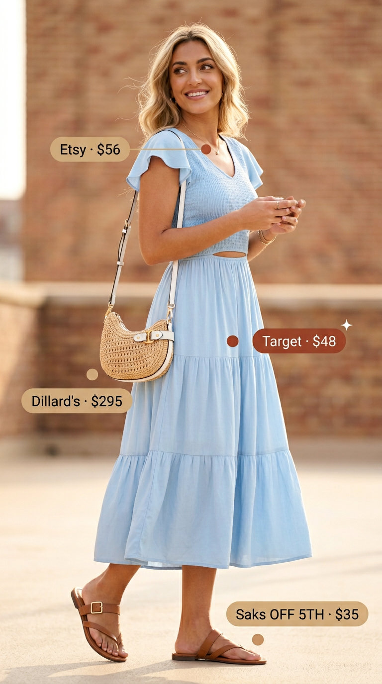 Relaxed pastel blue midi dress with straw bag & flat sandals for summer midi dresses 2026 beach.