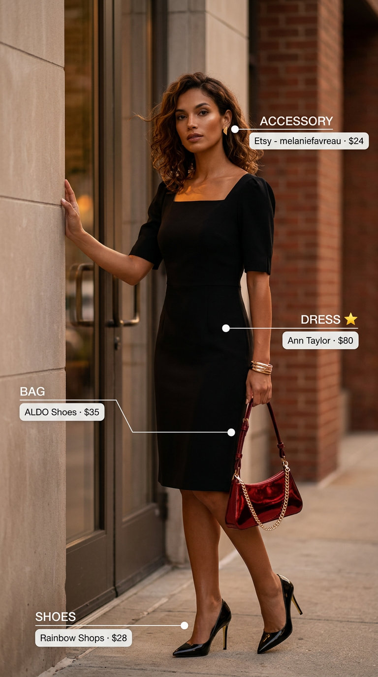 Sophisticated black midi dress with red bag & silver earrings for summer midi dresses 2026 city night out.