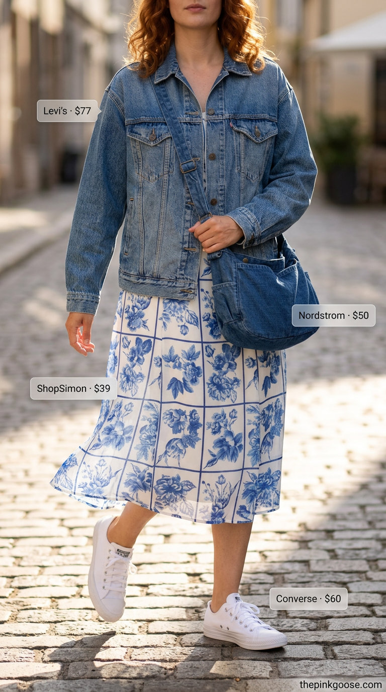 Sweet cream floral midi dress with denim jacket & sneakers for summer midi dresses 2026 picnic.