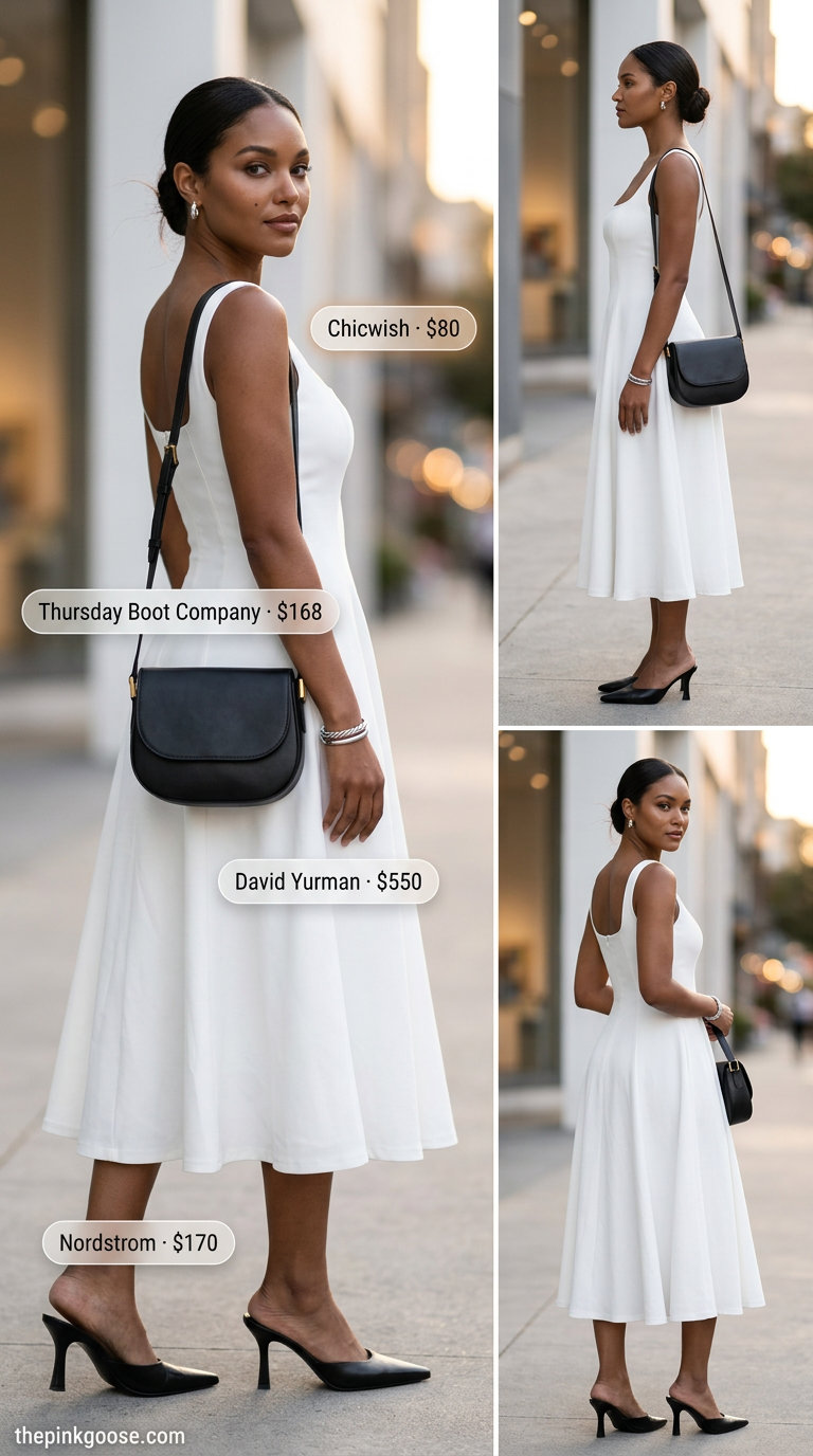 Crisp white midi dress with black mules and silver cuff for a minimalist chic daytime look in 2026.