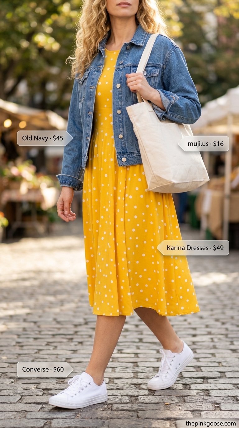 Yellow polka dot midi dress with denim jacket, canvas sneakers, and tote for a cheerful picnic in 2026.