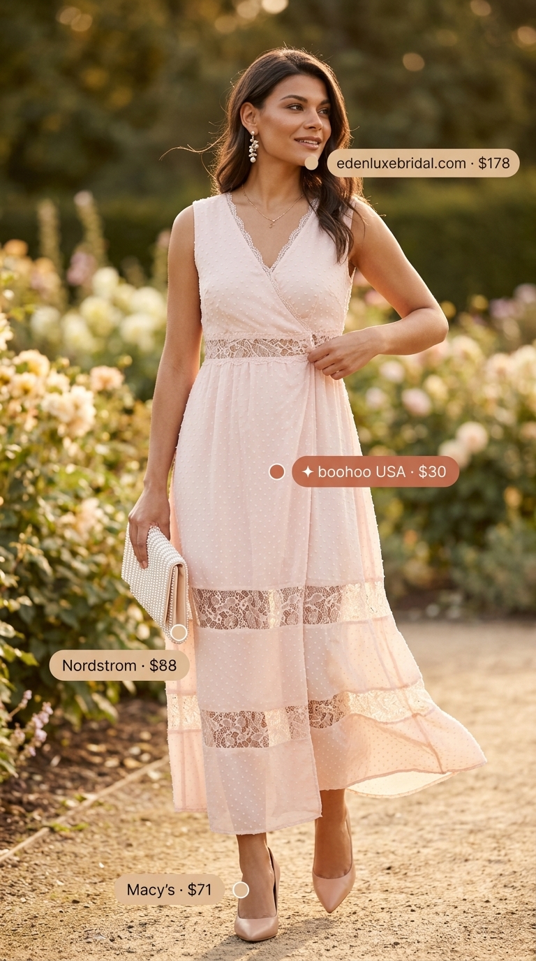 Blush pink lace midi wrap dress for garden parties with pearl earrings, pointed pumps, and clutch.