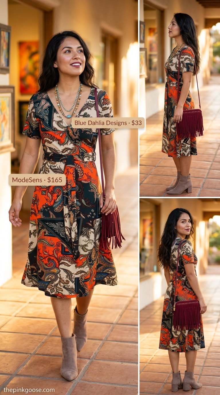 Bohemian paisley midi wrap dress outfit for art galleries in 2026. Styled with suede ankle boots and layered necklaces.