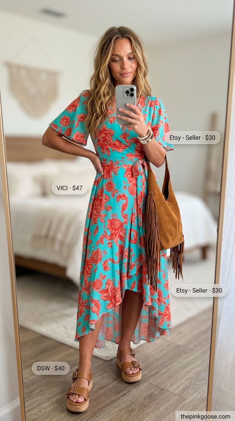 Boho multi-color floral midi wrap dress outfit for music festivals in 2026. Features wood platform sandals and layered bracelets.