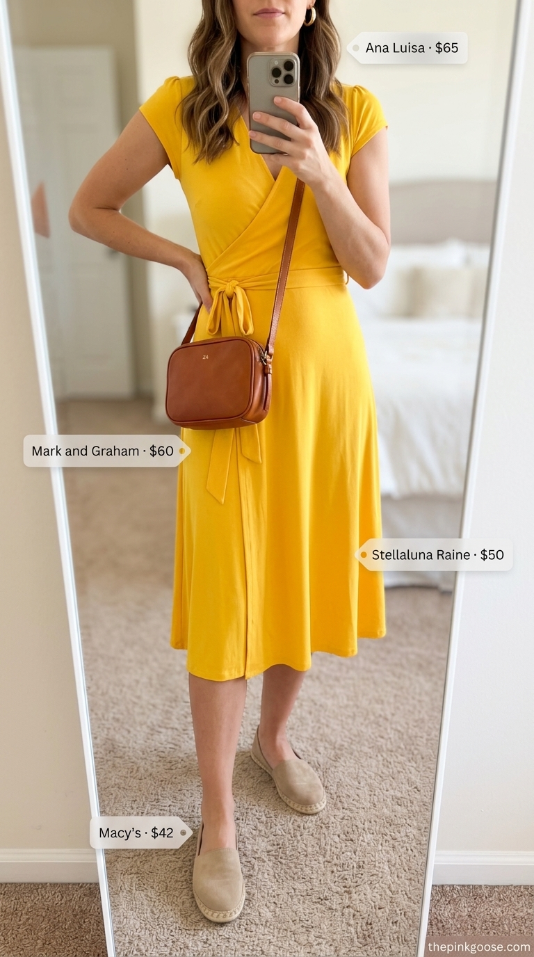 Lemon yellow midi wrap dress for summer brunch with espadrilles, crossbody bag, and gold hoops.