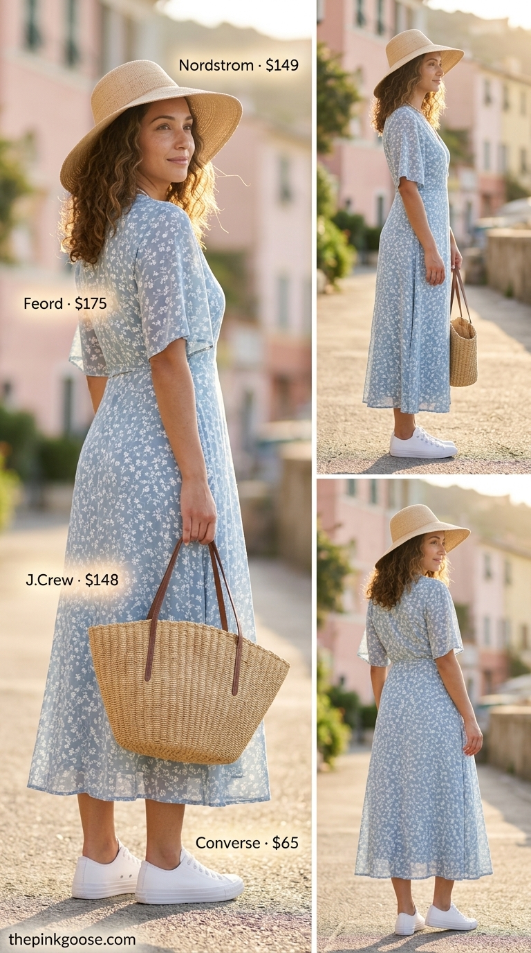 Light blue floral midi wrap dress for casual days with white sneakers, straw hat, and tote bag.