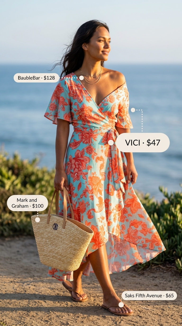Coral and teal floral midi wrap dress for summer garden parties with straw tote and layered necklaces.