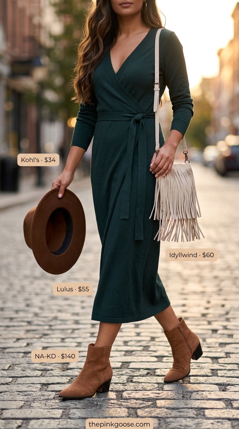 Forest green midi wrap dress for evening out with suede ankle boots and wide-brimmed felt hat.