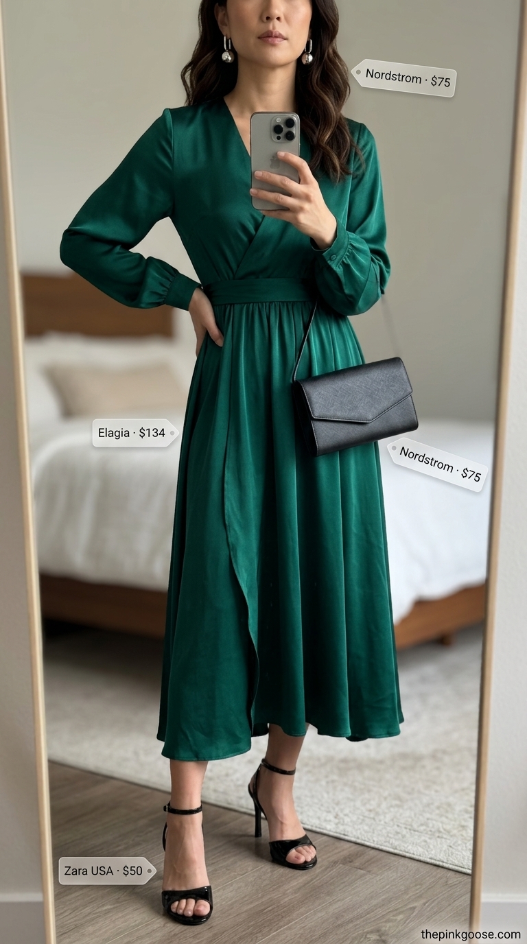Glamorous emerald green satin midi wrap dress outfit for summer parties in 2026. Features strappy heels and statement earrings.