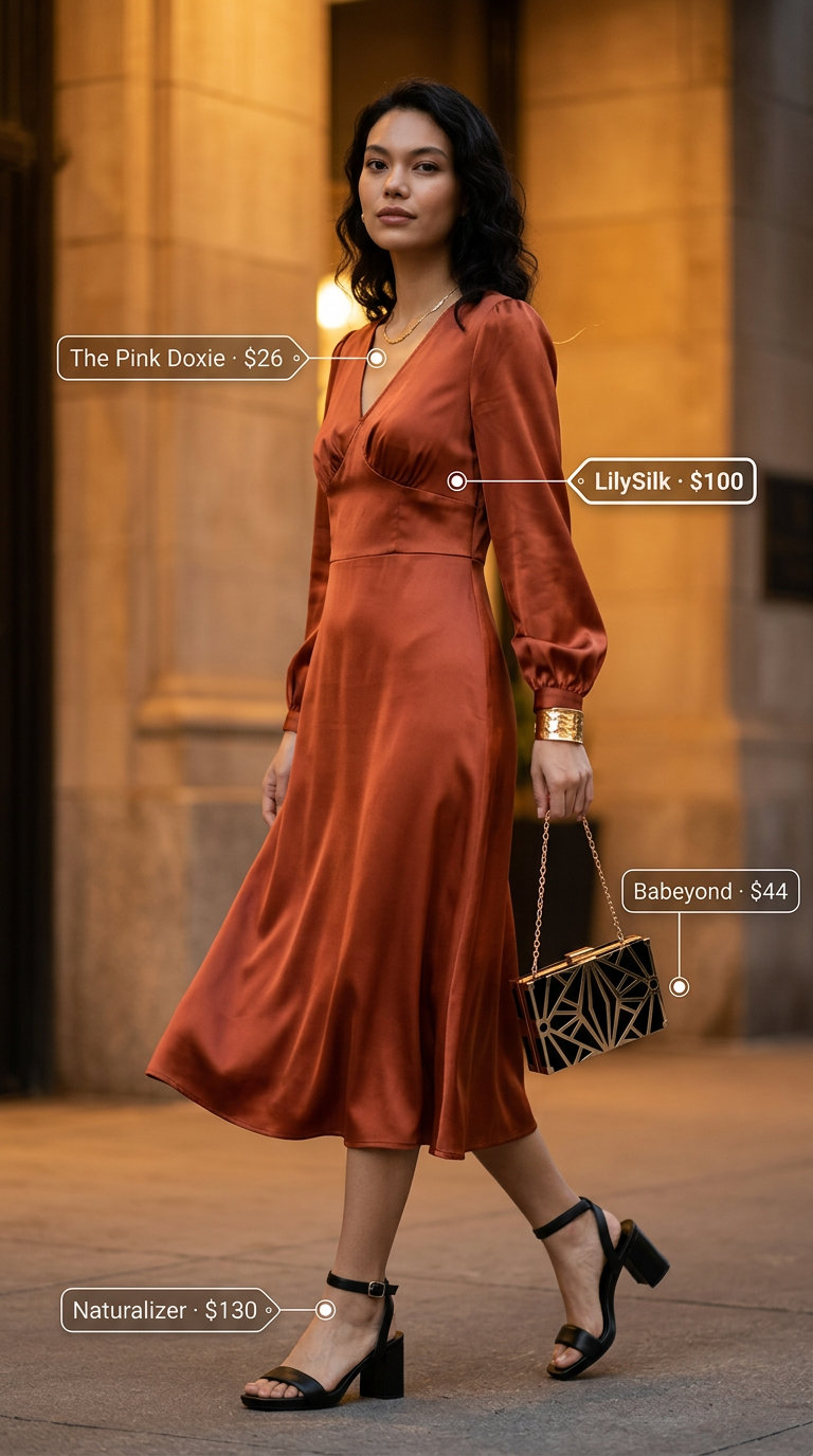 Sophisticated terracotta midi wrap dress outfit for evening events in 2026. Styled with black block heel sandals and gold statement cuff.