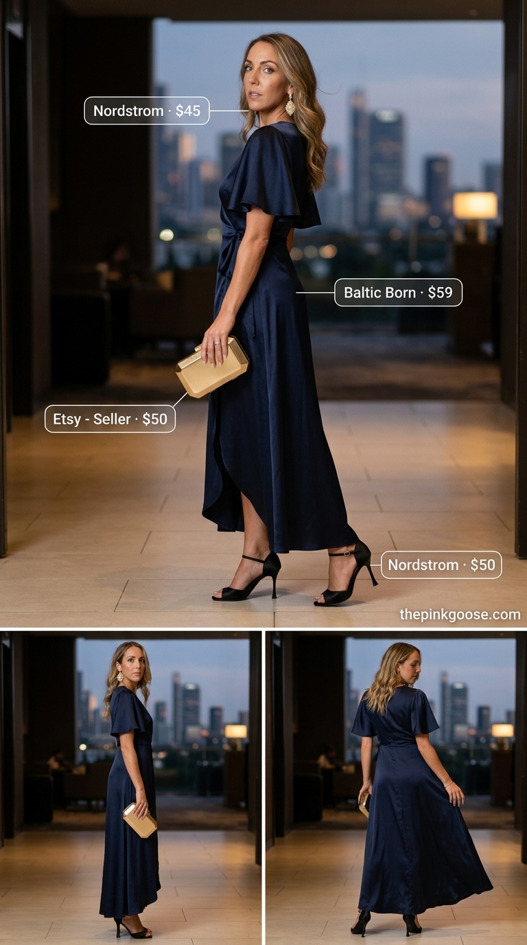 Elegant navy silk midi wrap dress outfit for formal summer events in 2026. Accessorized with strappy heels and gold statement earrings.