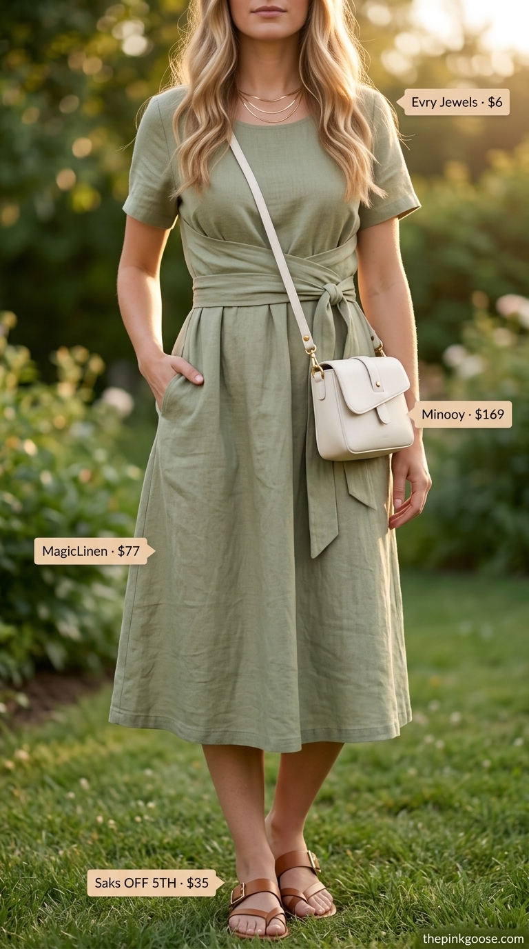 Sage green midi wrap dress outfit with leather sandals and layered necklaces for a garden party in 2026.