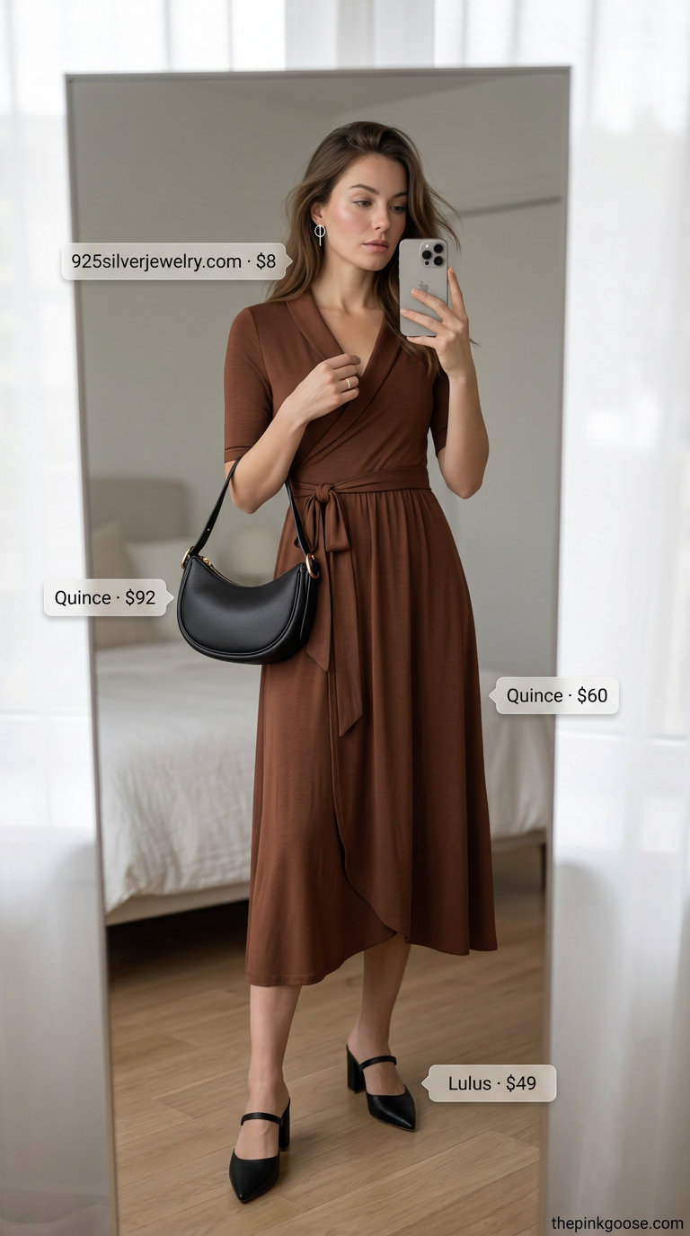 Oatmeal midi wrap dress outfit with black leather bag and mules for a chic daytime event in 2026.