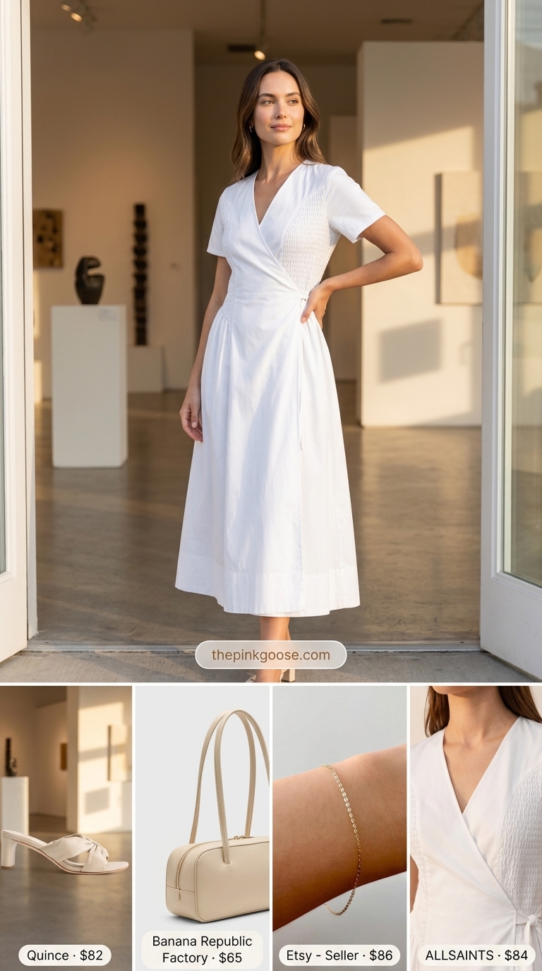 Crisp white midi wrap dress outfit with beige bag and block heel mules for a minimalist event in 2026.
