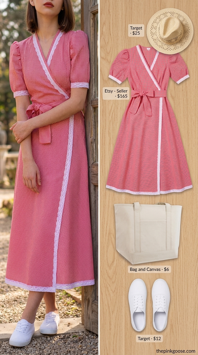 Playful red gingham midi wrap dress outfit for picnics in 2026. Styled with white canvas sneakers and a straw hat.