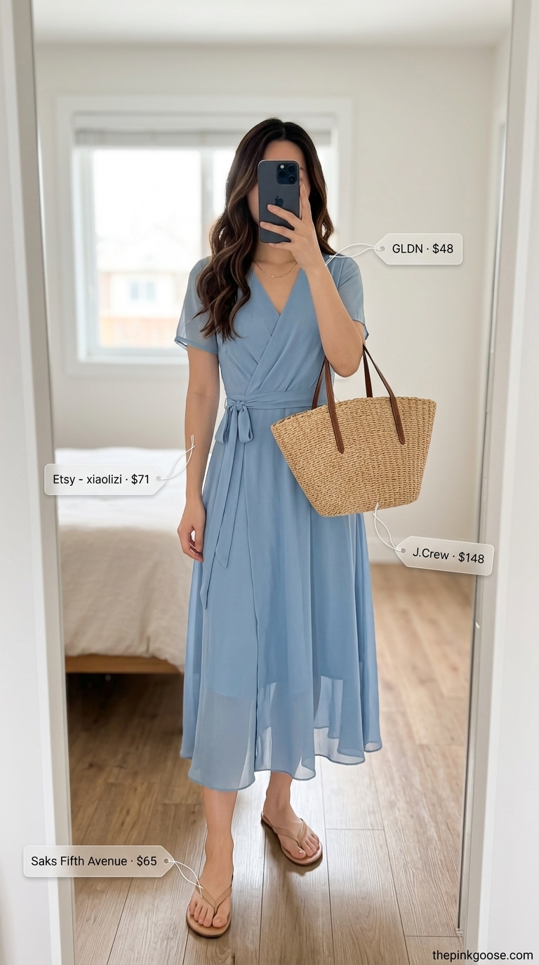 Sky blue midi wrap dress for a coastal getaway with straw tote, gold necklace, and leather sandals.