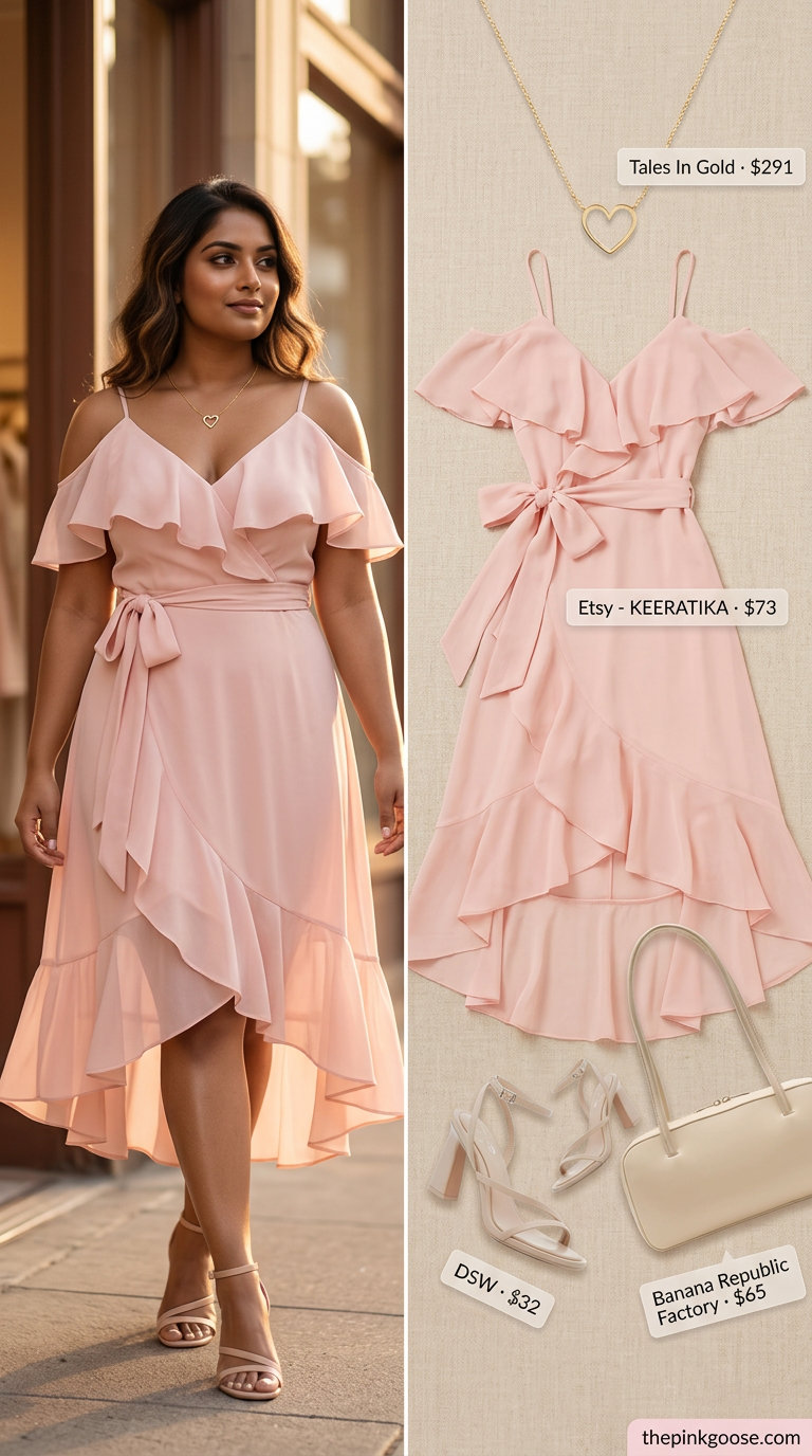 Blush pink midi wrap dress for daytime dates with block heels, gold necklace, and top-handle bag.