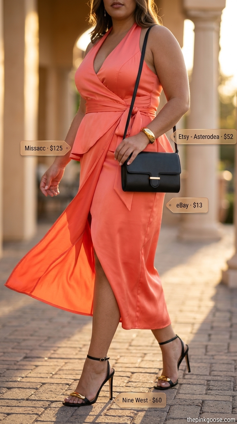 Coral satin midi wrap dress outfit for summer dinner party with black heels and gold accessories.