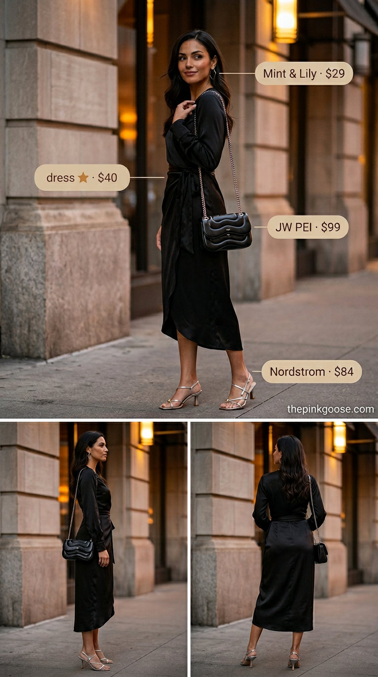 Chic black midi wrap dress outfit for urban evenings in 2026. Styled with silver heeled sandals and geometric hoop earrings.