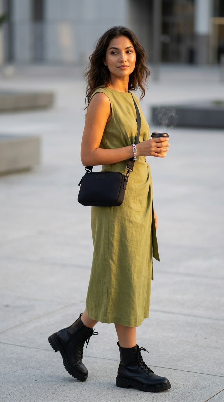 Olive green midi wrap dress outfit with combat boots and crossbody bag for urban exploration in 2026.