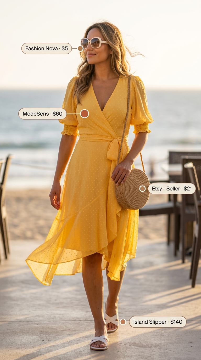 Bright yellow midi wrap dress outfit with straw bag and platform slides for vacation in 2026.