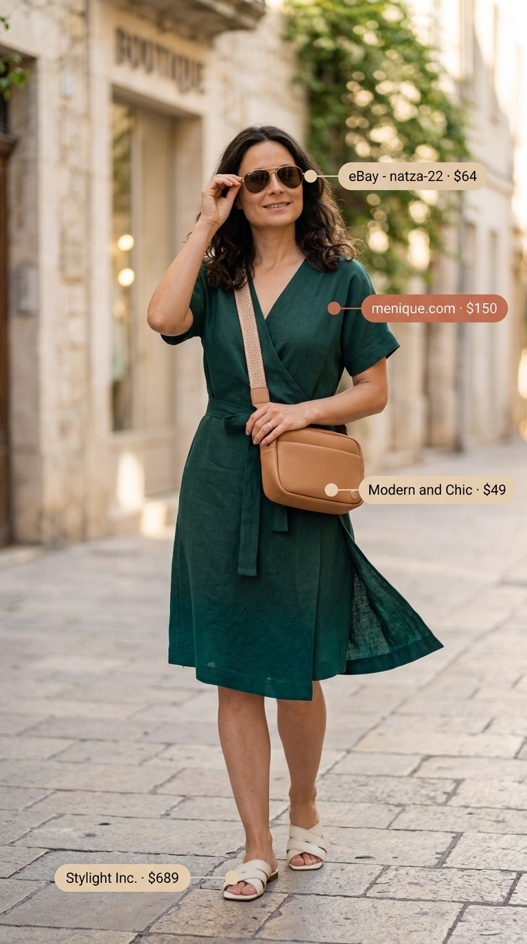 Olive green linen midi wrap dress outfit for casual weekend outings with tan slides and aviator sunglasses.