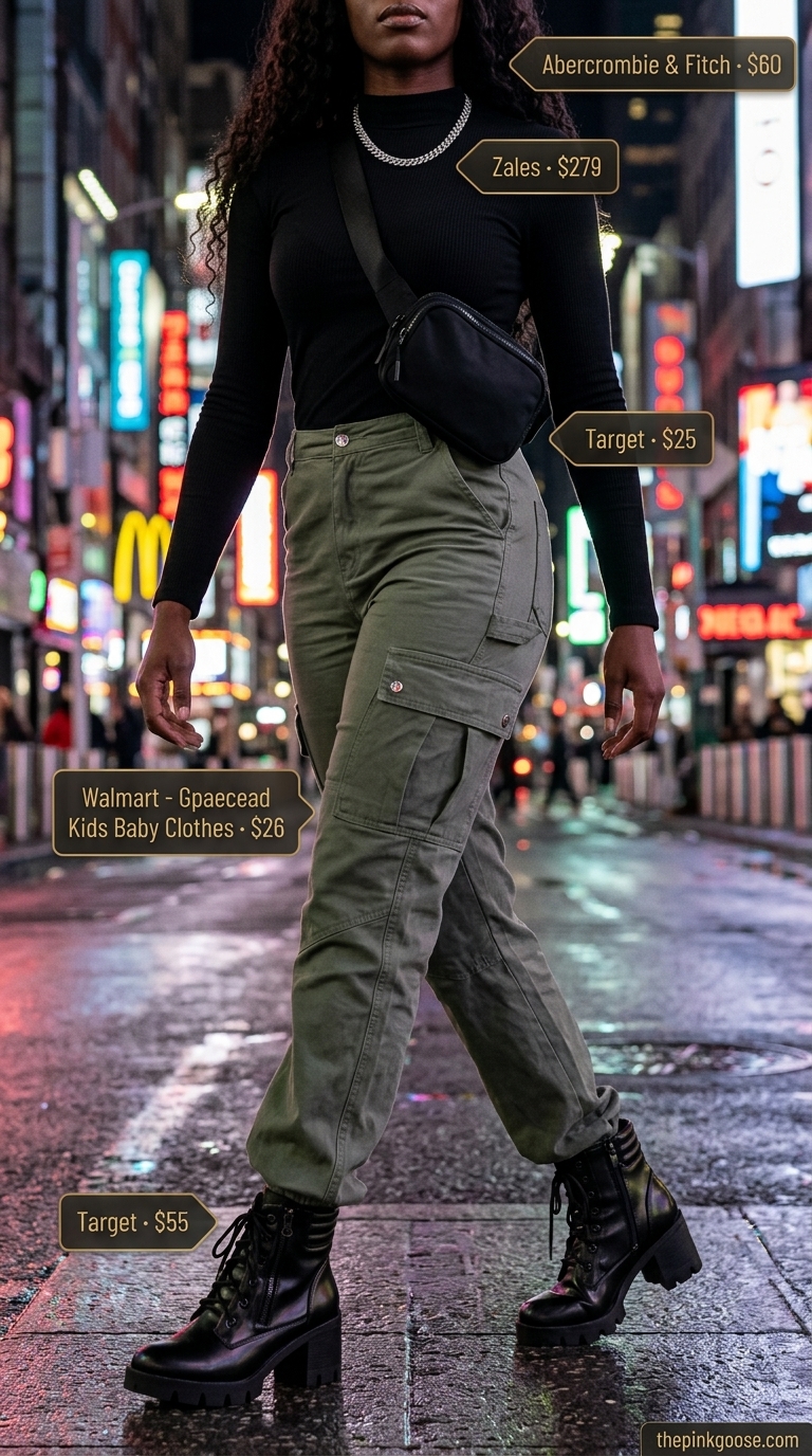 Summer night out downtown outfits for women 2026: Olive green cargo pants, black mock neck top, and combat boots.