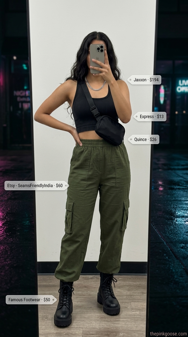Summer night out downtown outfits for women 2026: Olive green cargo pants with black crop top and combat boots for a cool streetwear look.