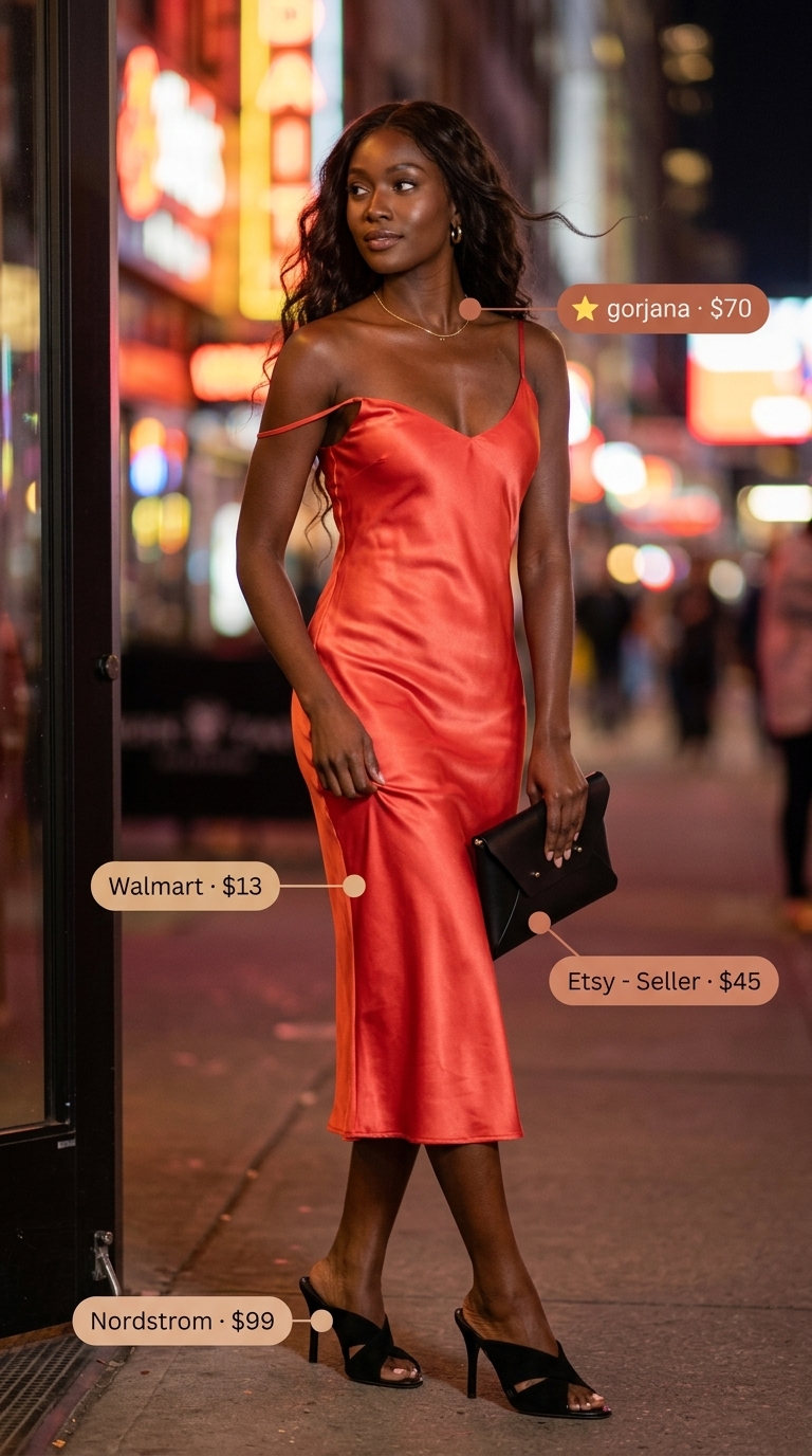 Coral satin slip dress, black heels, and gold hoops for summer night out downtown outfits for women 2026.
