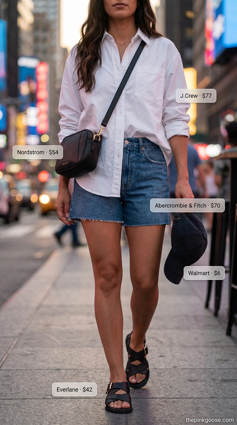 Denim shorts, oversized white shirt, and black sandals for summer night out downtown outfits for women 2026.