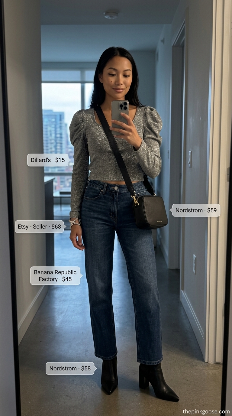 Summer night out downtown outfits for women 2026: Dark wash jeans with silver metallic crop top and black ankle boots for a cool concert look.