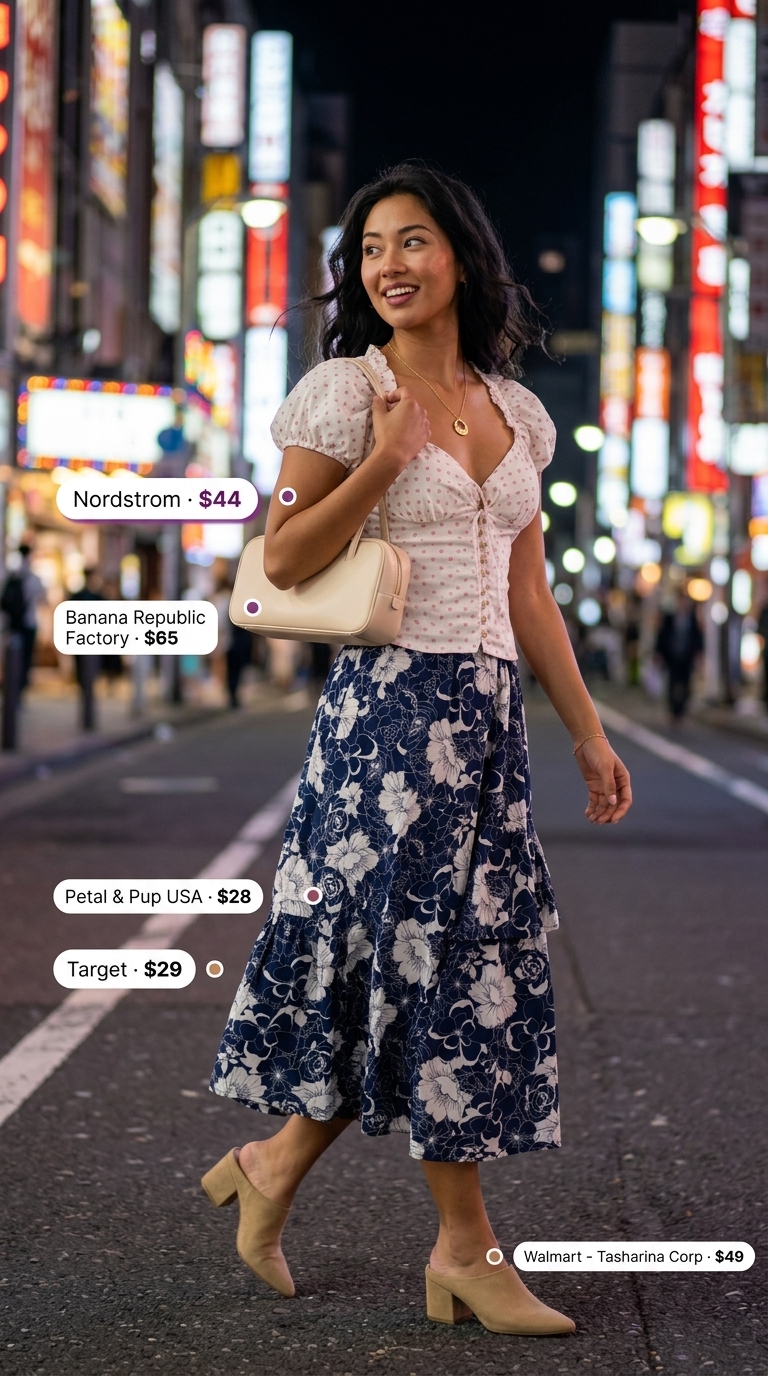 Floral chiffon blouse, navy midi skirt, and nude mules for summer night out downtown outfits for women 2026.