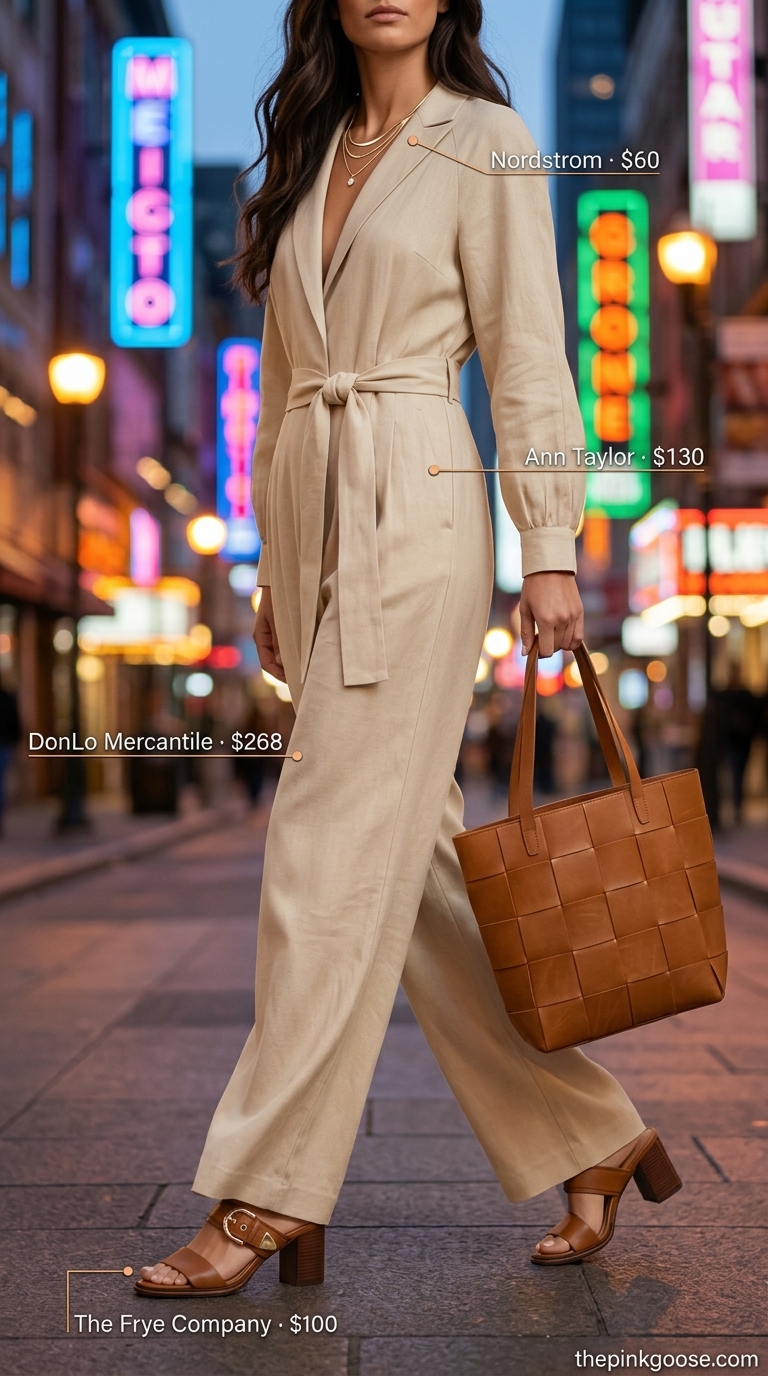 Summer night out downtown outfits for women 2026: Beige linen jumpsuit with tan slides and layered gold necklaces for a relaxed chic look.