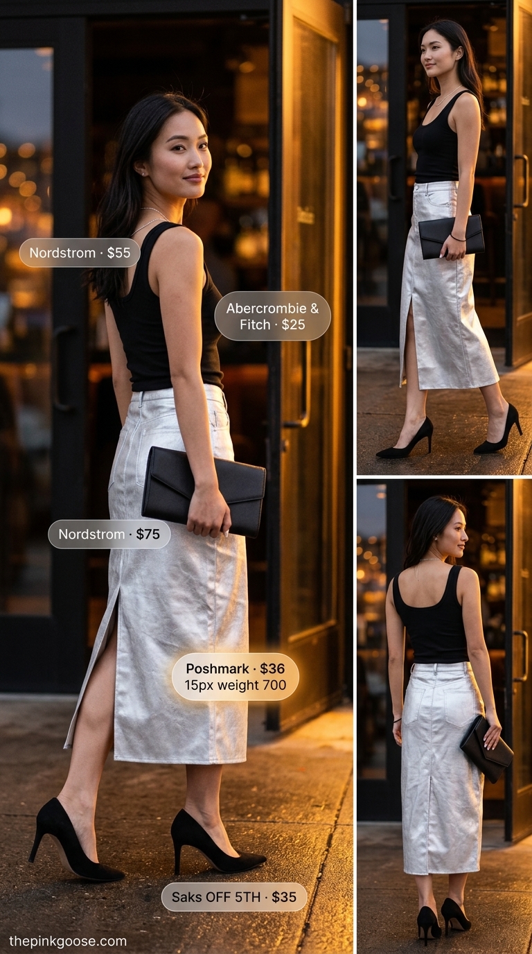 Summer night out downtown outfits for women 2026: Silver metallic midi skirt with black tank top and stiletto heels for a party look.