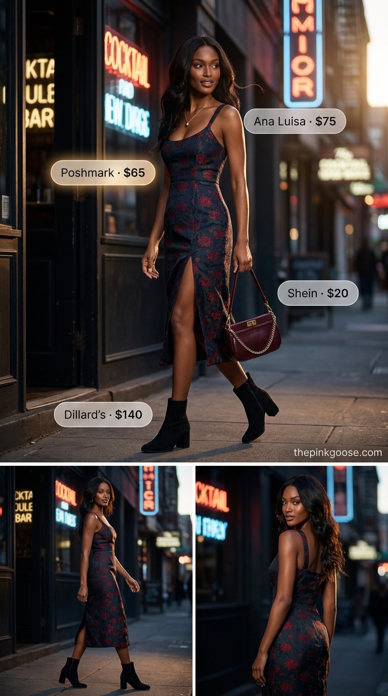 Navy floral midi dress, black boots, and burgundy bag for summer night out downtown outfits for women 2026.
