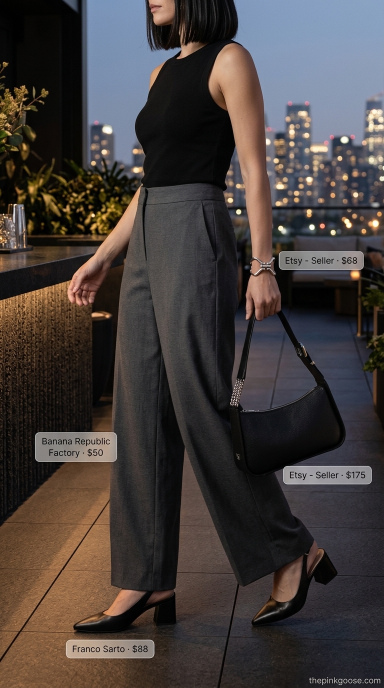 Charcoal grey matching set with wide-leg trousers for summer night out downtown outfits for women 2026.