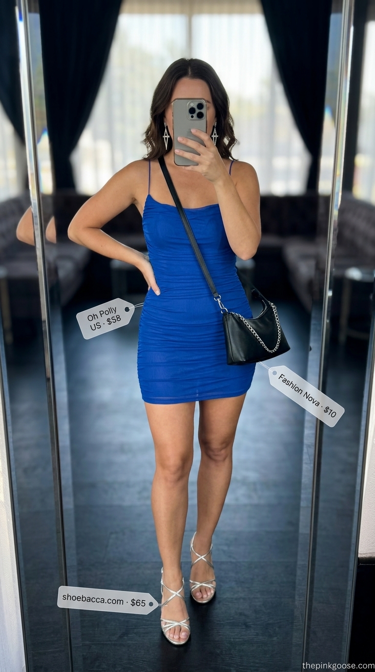 Summer night out downtown outfits for women 2026: Electric blue bodycon dress with silver strappy heels for a bold clubbing look.