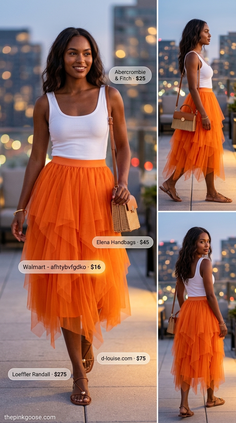 Summer night out downtown outfits for women 2026: Bright orange midi skirt, white tank, and straw bag.
