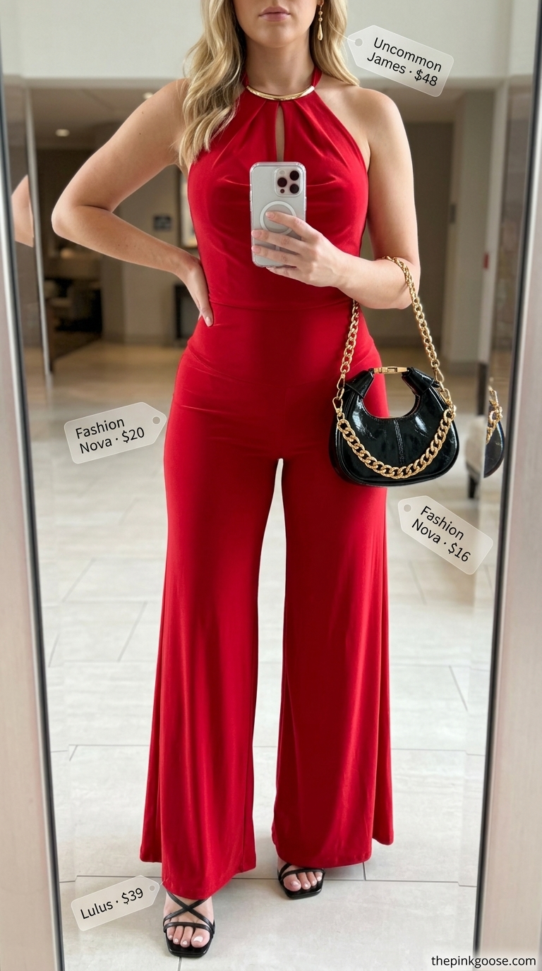 Summer night out downtown outfits for women 2026: Red wide-leg jumpsuit with black strappy heels and gold earrings for a bold date night.