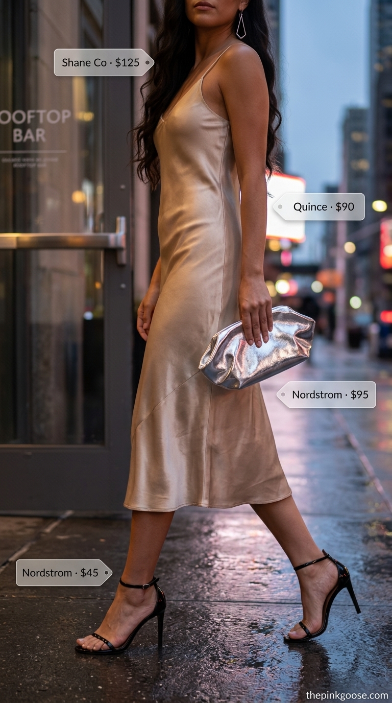 Summer night out downtown outfits for women 2026: Champagne satin slip dress, silver earrings, and strappy heels.