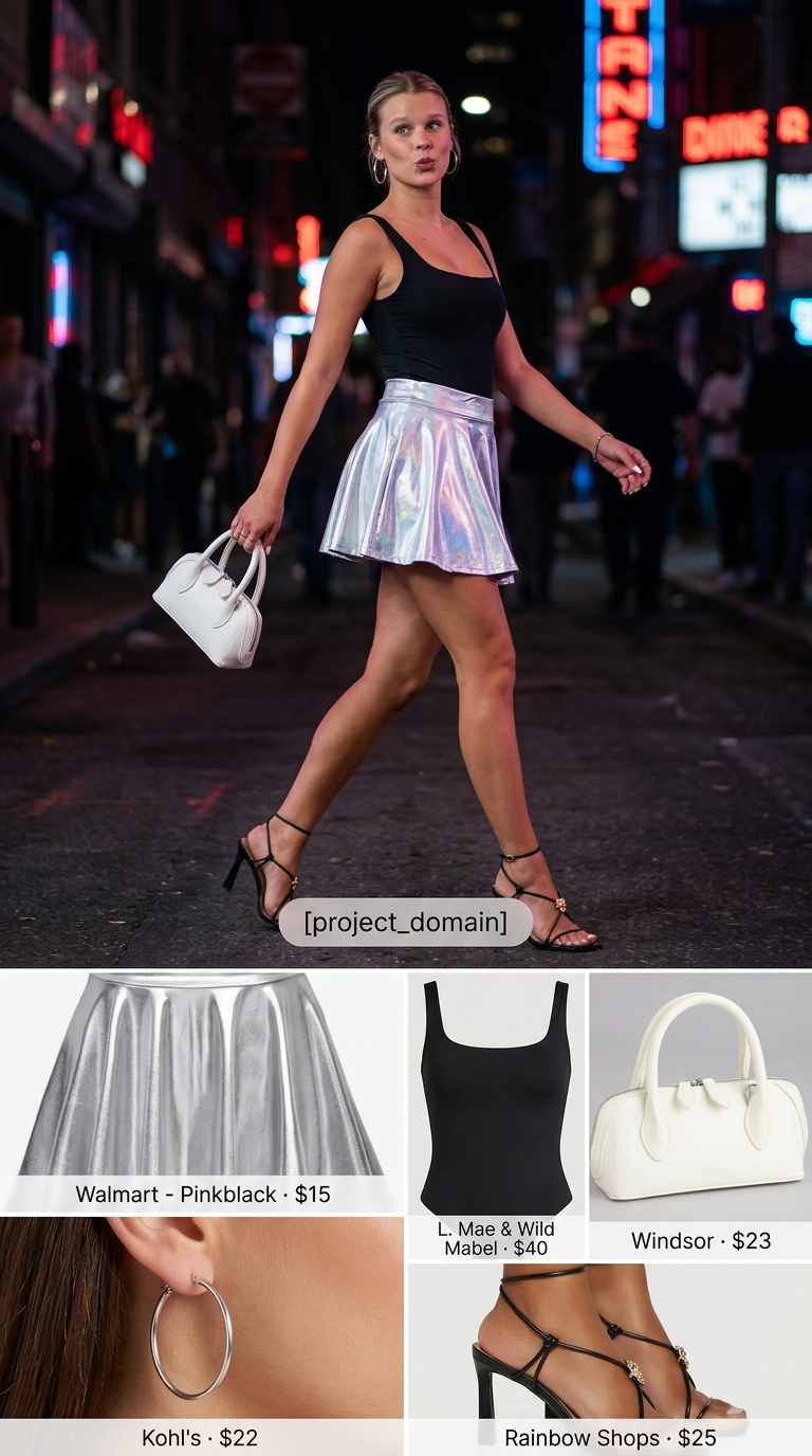 Summer night out downtown outfits for women 2026: Silver metallic mini skirt, black bodysuit, and heeled sandals.